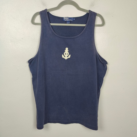 Vintage Polo Ralph Lauren Tank Top Mens XL Navy Blue Anchor Patch Nautical Prep - Picture 2 of 7
